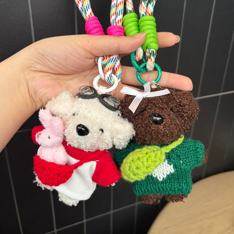 Schattige strik teddyhond knuffel sleutelhanger meisje rugzak cartoon dier pop hanger auto hangende decoratie kerst verjaardagscadeau