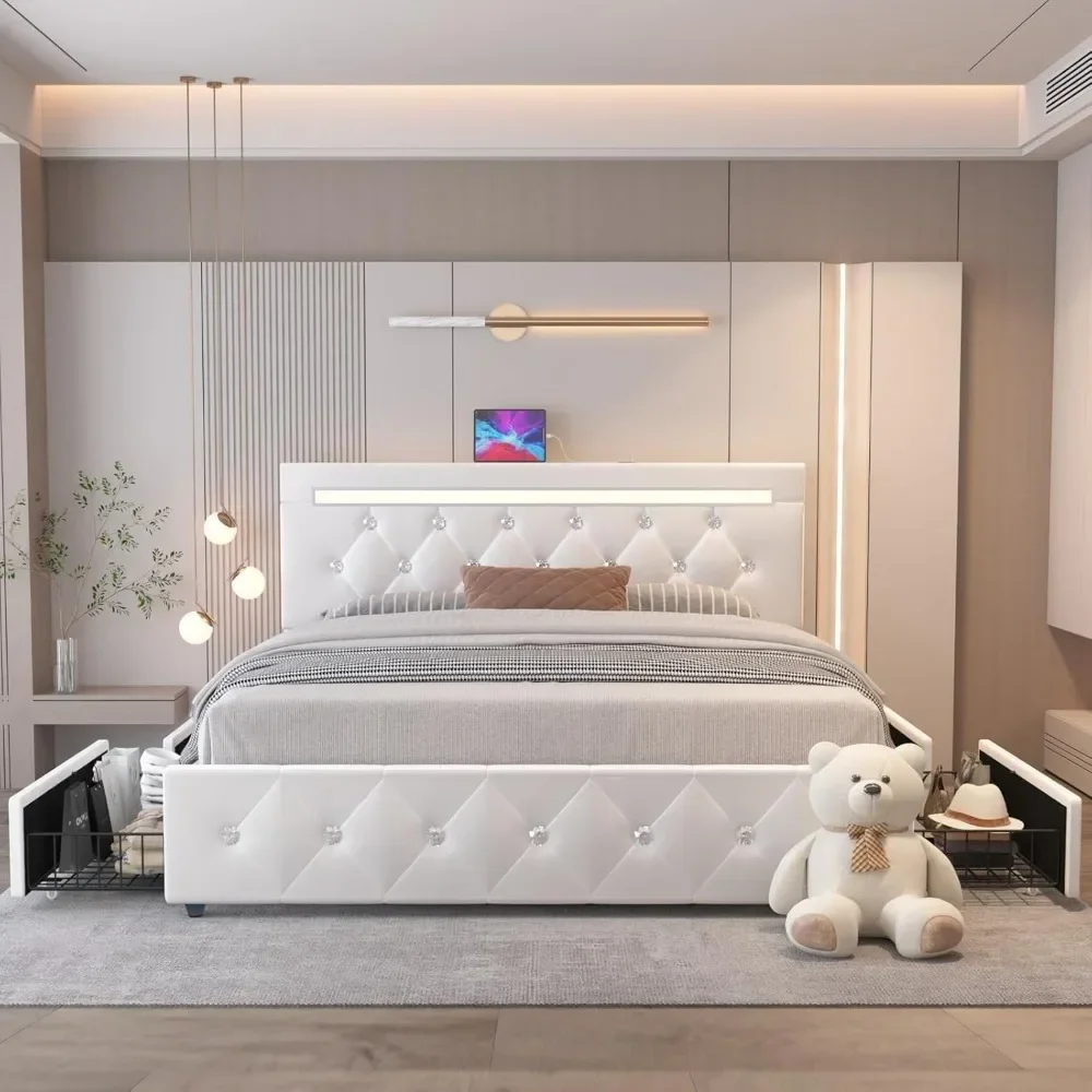 Estructura de cama con 4 cajones y luz LED, estación de carga, plataforma tapizada de cuero PU, cama de almacenamiento con cabecera ajustable