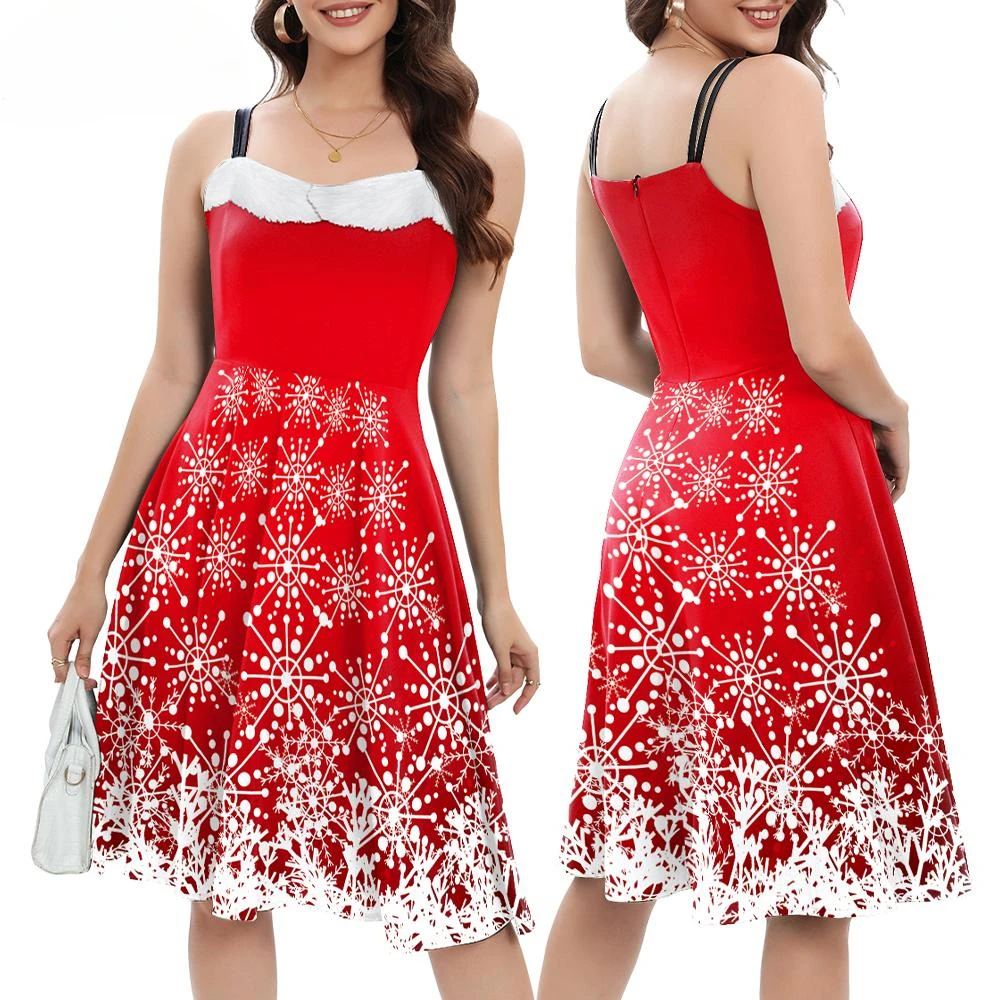 Woman Snowflake Christmas Dress Sweetheart Neck Sphagetti Strp Dress New Year Dress Up Fancy Costume Xmas Clothes