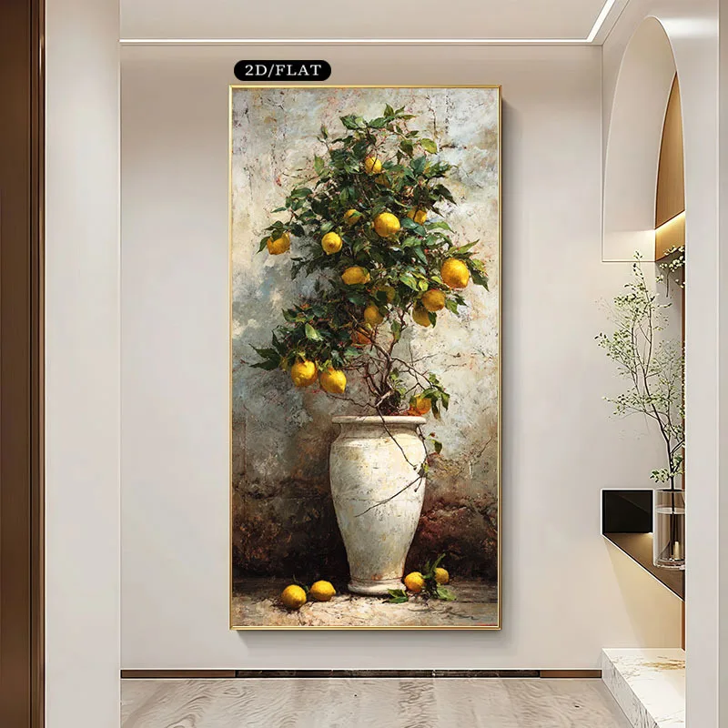 

2D Flat Modern Lemon Tree Canvas Wall Art Painting, Frameless Abstract Mediterranean Wall Art Prints for Living Room Decortion
