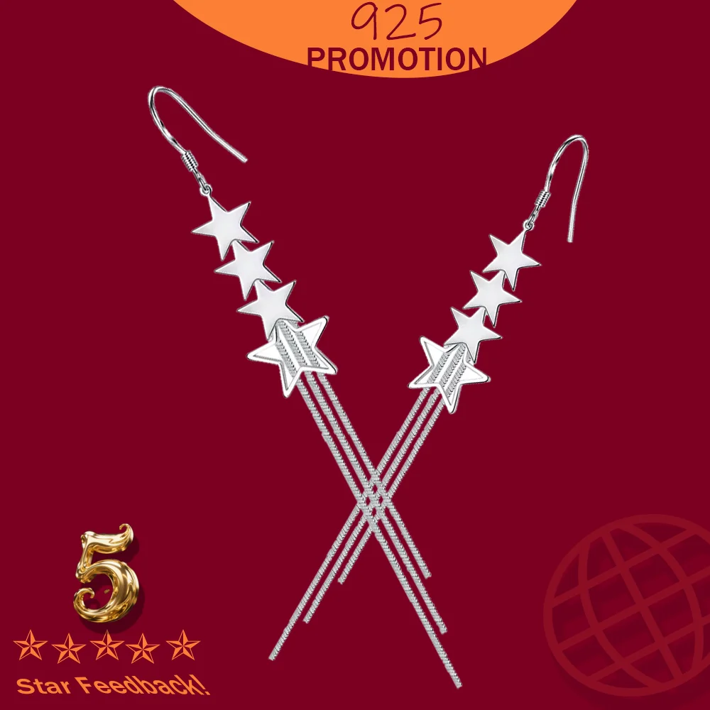 

Fashion Long Chain Multiple Star Drop Earrings Real 925 Sterling Silver Woman's Earring New High Quality Jewelry
