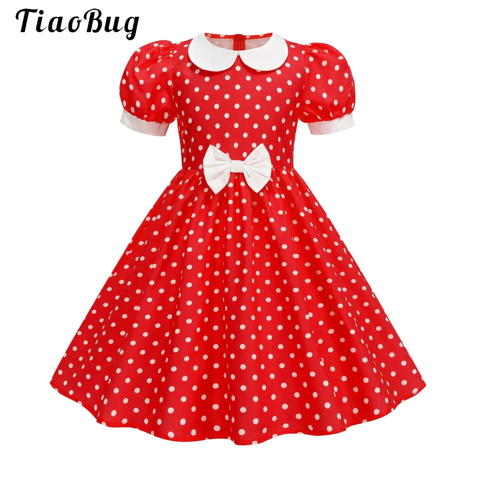 

Kids Girls Vintage Polka Dots Ruffled Dress Princess Birthday Party 50s 60s Ball Grown Short Puff Sleeve Bowknot A-Line Dress