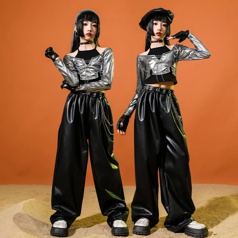 Mädchen Hip Hop Kleidung K-pop Shiny Crop Tops Street Dance Outfits Silber Hosen Kinder Streetwear Kind Jazz Kostüm Kleidung Sets