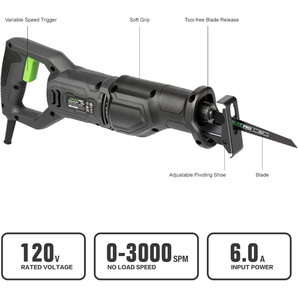 120V Reciprocating Saw, 6.0 Amp Variable Speed Corded with 1-1/8" Stroke, 2800RPM for Wood, Metal, PVC Pipe Cutting