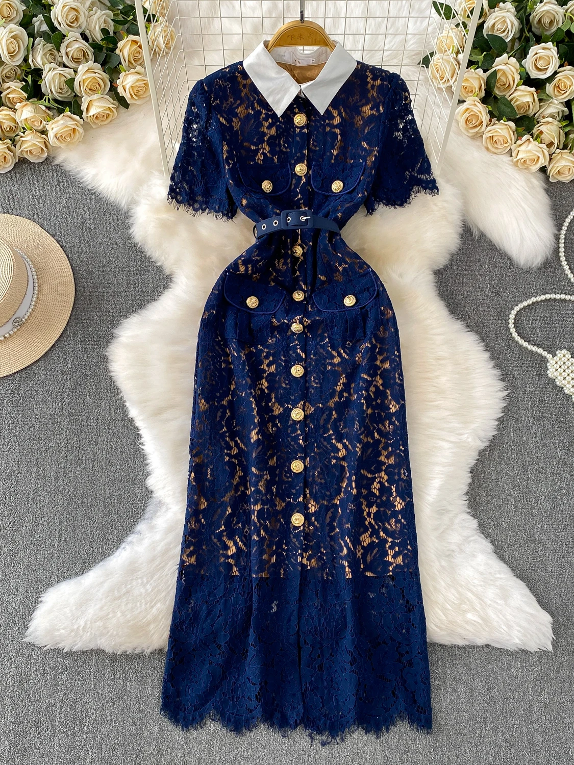 

Ele Lace Splice Turn-down Collar Dr Women's High-waist A-line Skirt Anti-wrinkle Form-retaining Button Closure Dr