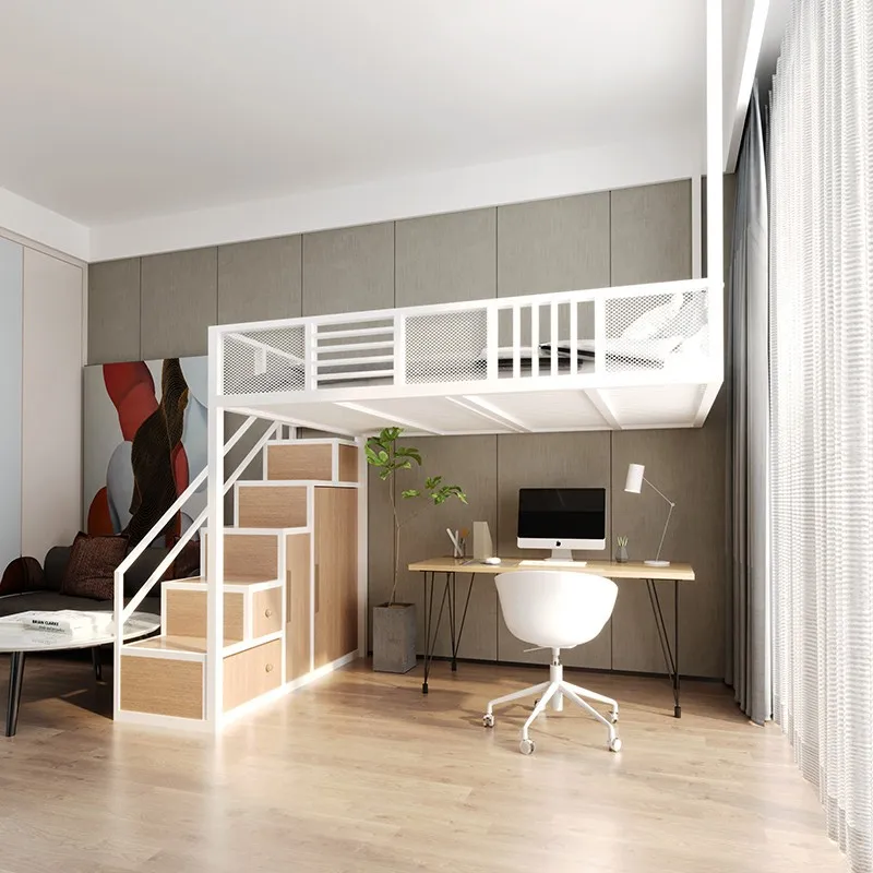 

Small apartment wrought iron bed loft bed duplex second floor space saving multi-functional wardrobe ladder elevated