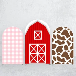 Mehofond Red Pink Barn Arched Wall Background Farm Brown Cow Decor Baby Kids Birthday Round Top Cover Backdrops Photozone Studio