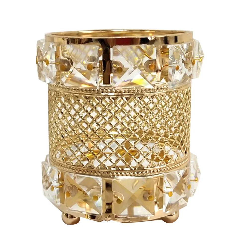 Golden Crystal Cylinder Decoration Pen Holder Makeup Brush Bucket Storage Jar Container