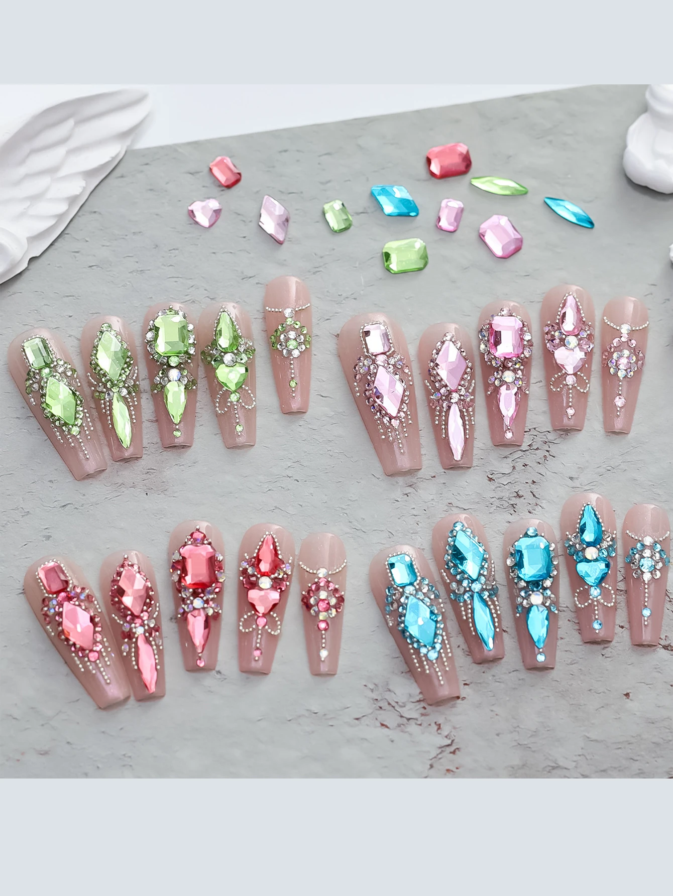 6BOX/12 grid set green water drop love white pink diamond nail art charm 3D shiny different size diamond jewelry flat bottom spe