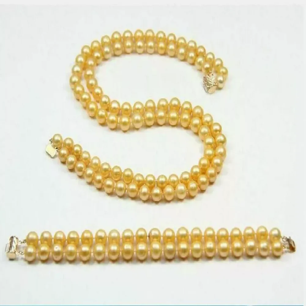 New AAAA 9-10mm Gold South Sea Round Pearl Necklace 18 inch Bracelet Set with 14k Buckle Ring