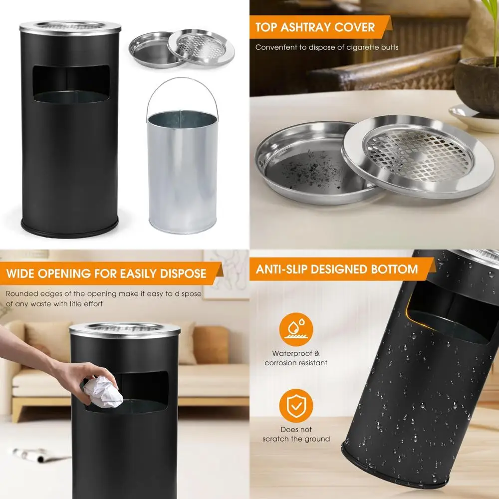 

Commercial Outdoor Stainless Steel Trash Can with Removable Inner Barrel, Black Metal Round Waste Bin for Public Spaces