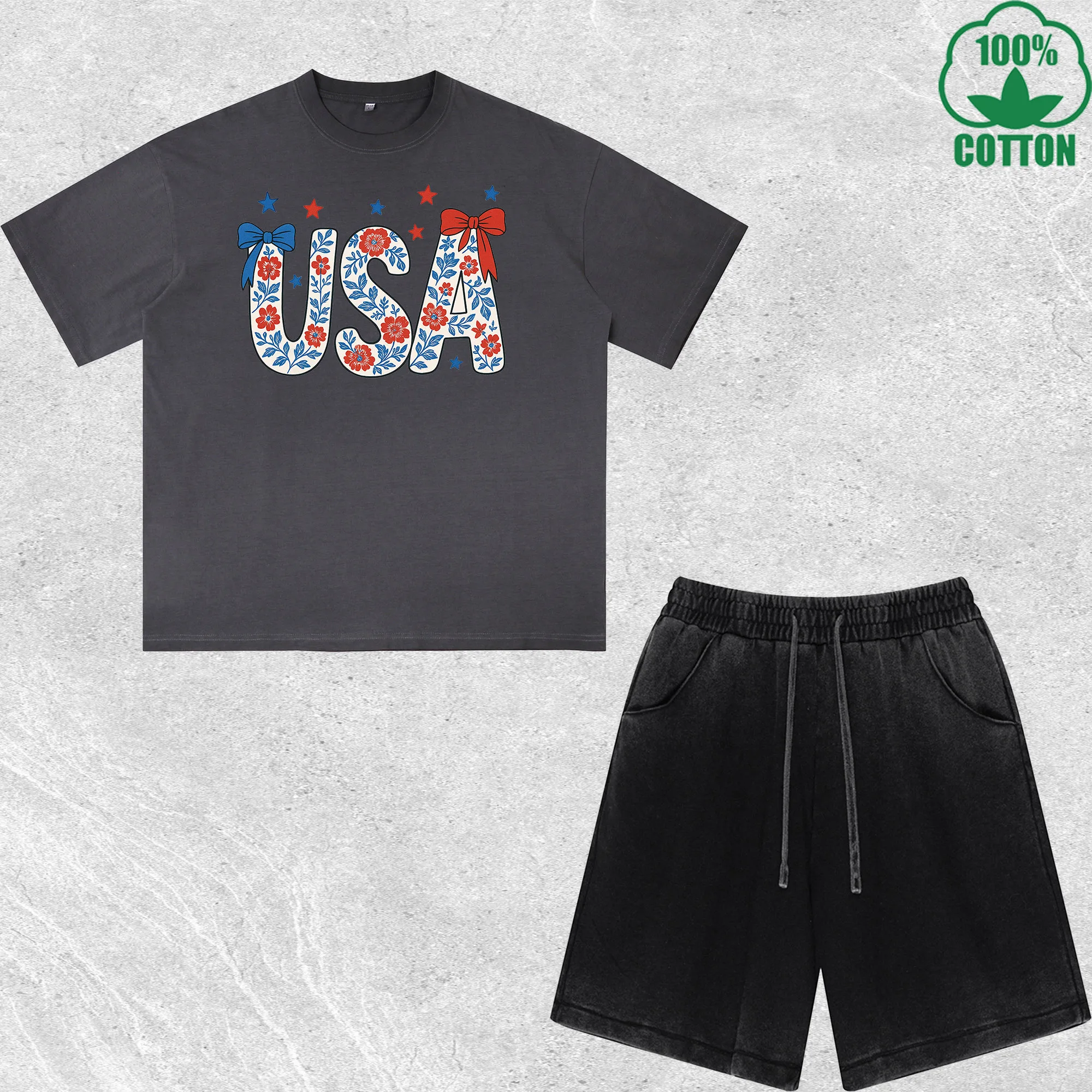 

Usa Printed Dirty Wash T-Shirt Shorts Set Multicolor Combo Loose Trendy 100%Cotton