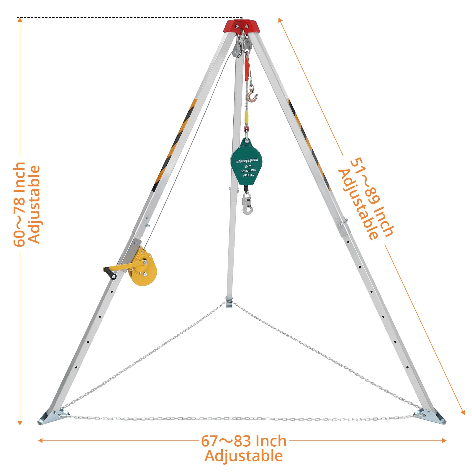 Confined Space Tripod Kit With 1200 LBS Lifting Winch And Fall Arrester, Sewer Rescue Tripod With Safety Self-Locking Device