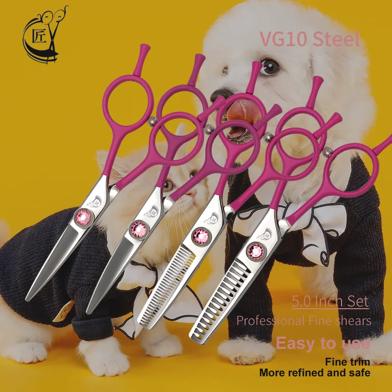 Crane VG10 Steel 5.0 Inch Professional Pet Scissors Set For Dog/Cat Fine Grooming Straight/Curved/Thinning/Chunker Shear Kits