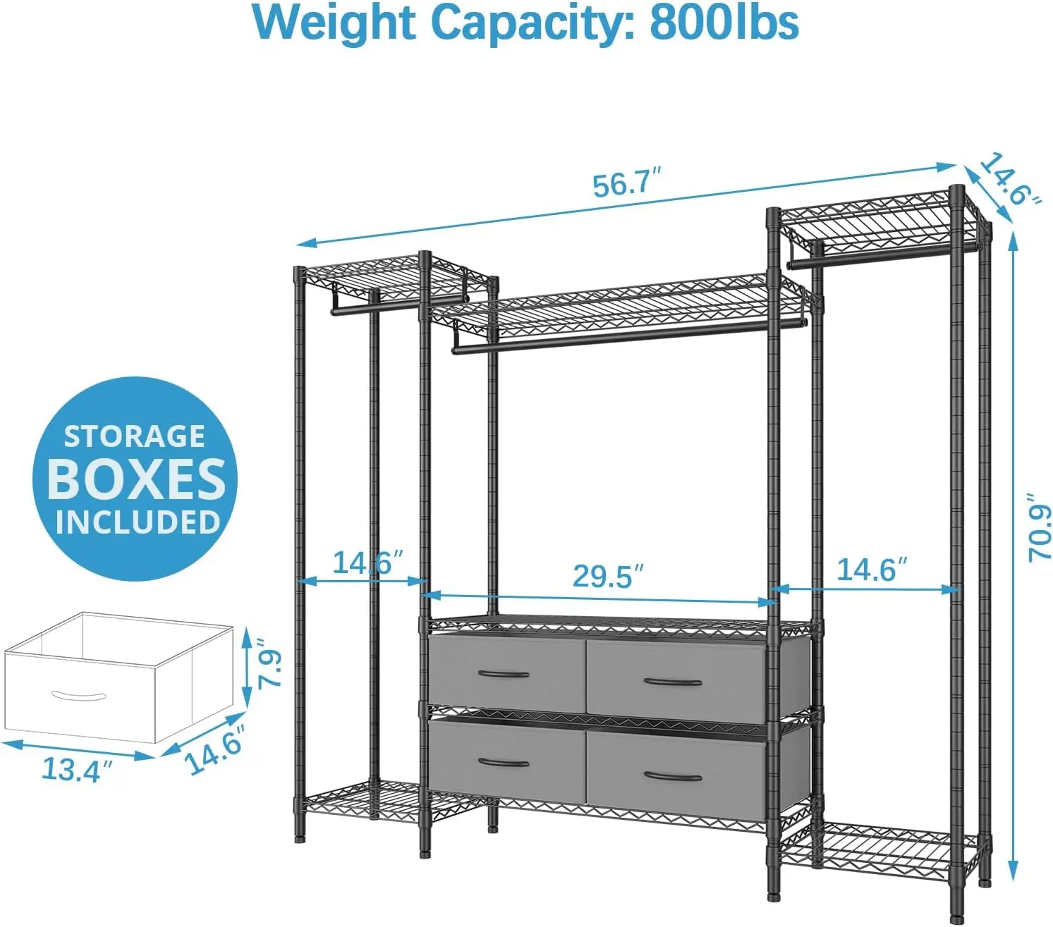 V20 Wire Garment Rack Heavy Duty Clothes Rack, Metal Clothing Rack with 6 Shelves, 3 Hang Rods & 4 Fabric Drawers, Compact