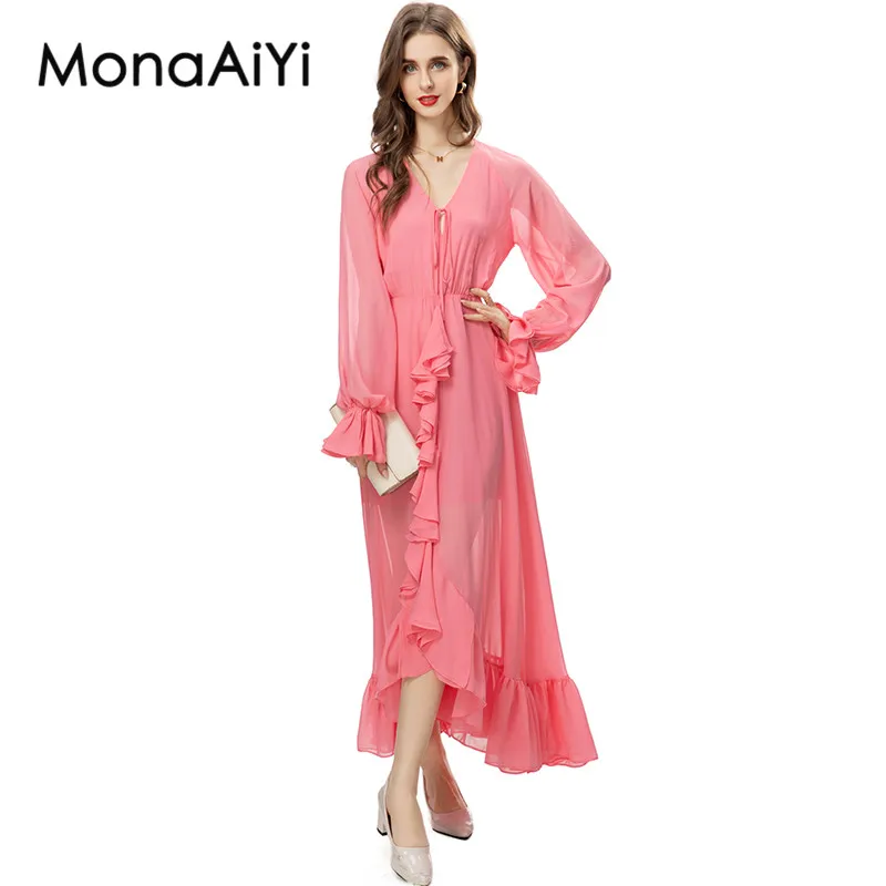 

MonaAiYi 2023 New Fashion Runway Designer Women's V-neck Tie Puff Sleeve Ruffle Edge Self-Cultivation Pink Dress