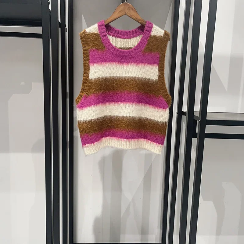 stripes wool blend O-NECK sweater vest women sleeveless autumn winter warm jumper pullover female