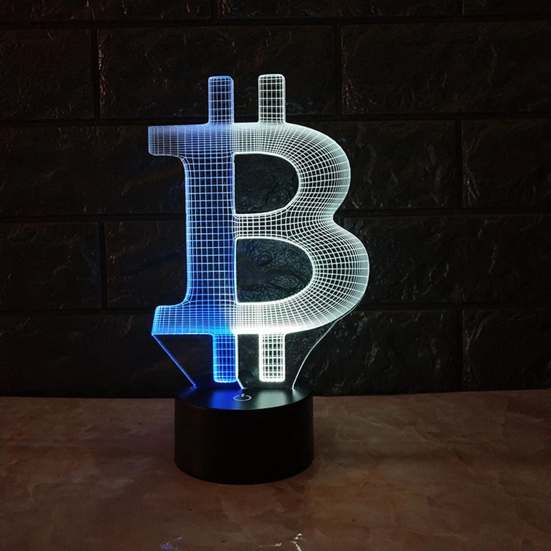 Bitcoin 3d visão luz da noite acrílico criativo sete colorido escurecimento toque de carregamento led estéreo luz presente usb atmosfera luz