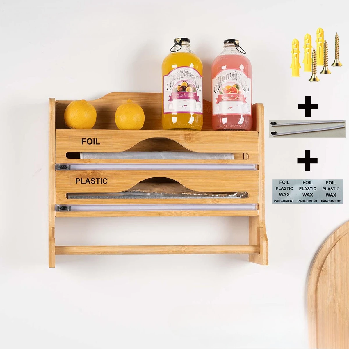 3 in 1 Bamboo Wall Mounted Kitchen Foil and Plastic Dual Dispenser Organizer, with Paper Towel Holder Wrap Organizer