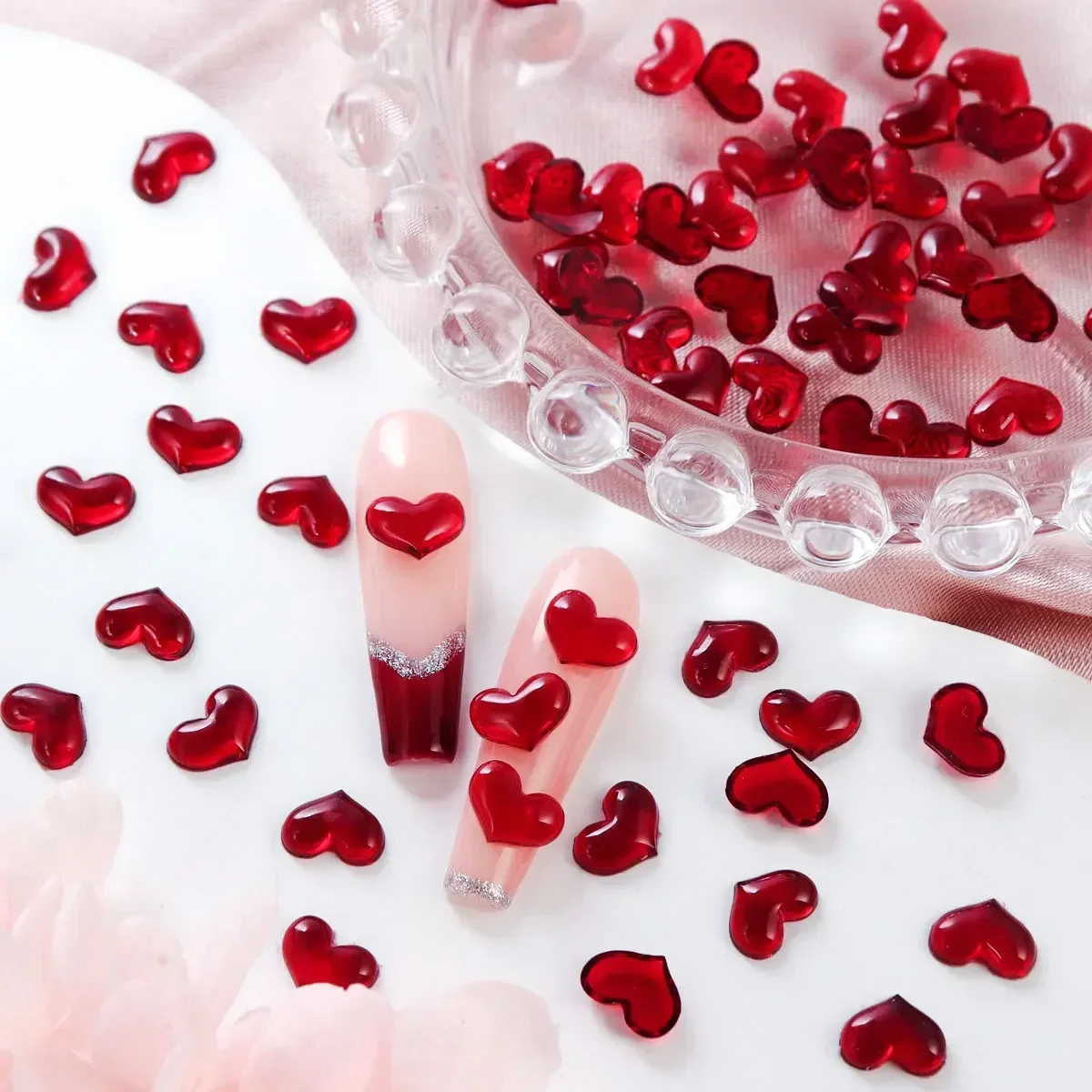 30pc Cute Love Heart Nail Charms Transparent Cherry Red Resin Rhinestones Jewels Valentine's Decoration Nail Art Parts Supplies