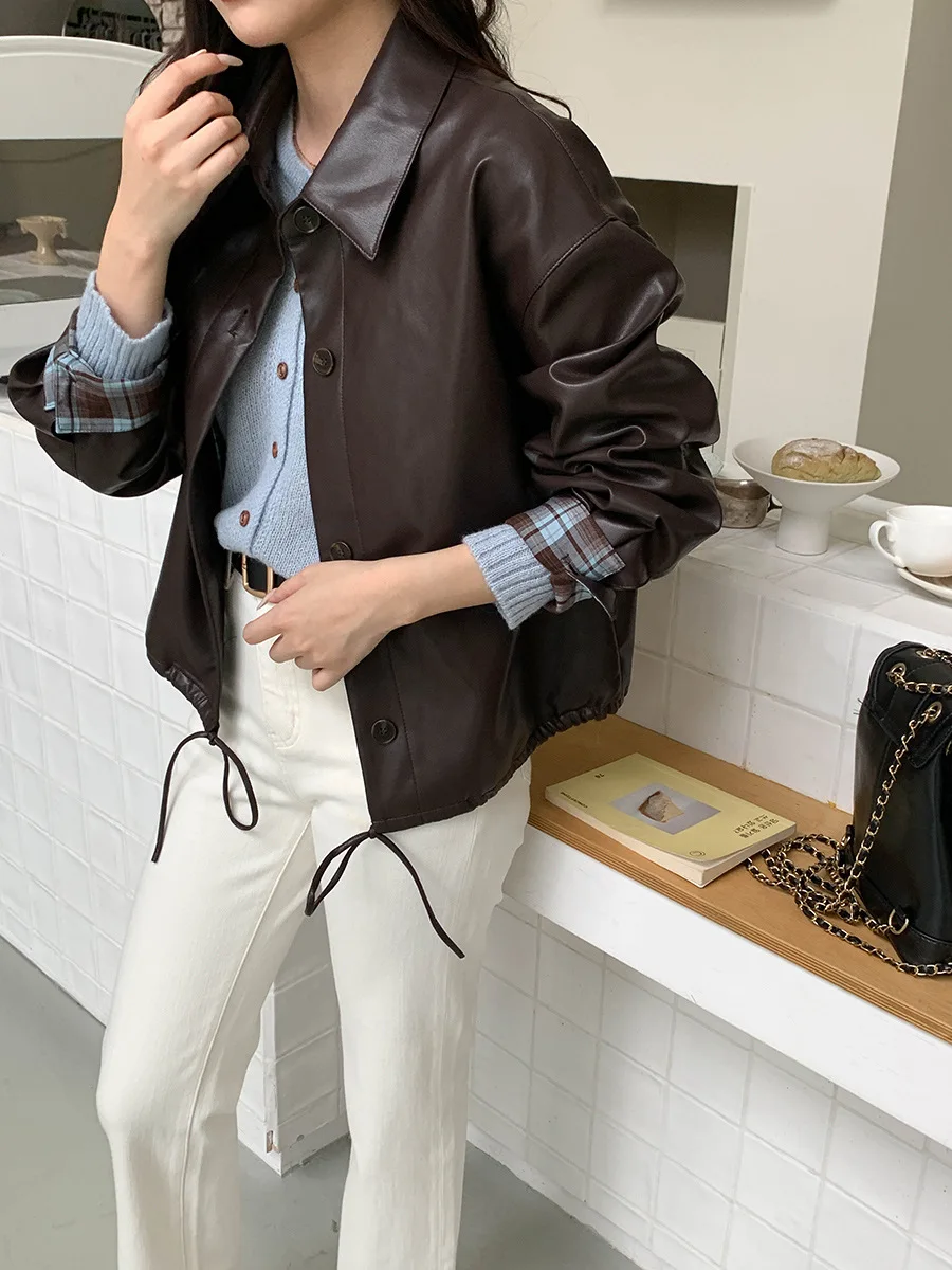 レディース 2025年冬 カジュアル ドローストリング ラペル PUレザー ジャケット 長袖コート スタイリッシュでファッショナブル