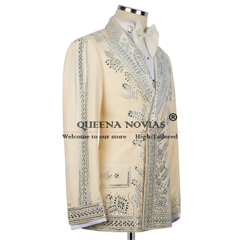 럭셔리 신랑 예복 웨딩 턱시도 맞춤 비즈 장식 프롬 블레이저 더블 브레스티드 수트 남성 2피스 남성 리셉션 의류