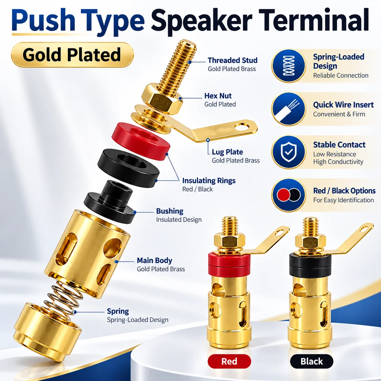 20PCS Gold Plated Push Type Speaker Binding Post Spring Terminal Connector Quick Wire for Amplifier Audio DIY