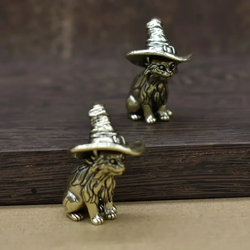 1 Stück Vintage Messing Hexenkatzenstatue, solide Miniatur-Katzenskulptur, dekorative Tierfigur, antikes Kupfer-Teehustier, Sammlerstück – Detail 3