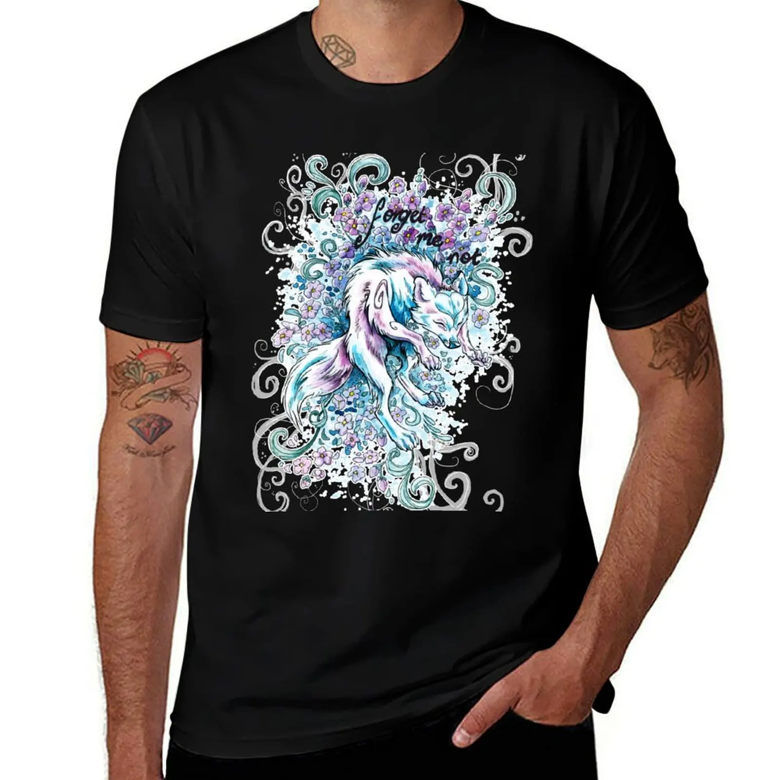 Forget Me Not - Arctic fox in flowers T-Shirt Odor Resistant Short Sleeve Top T-Shirt