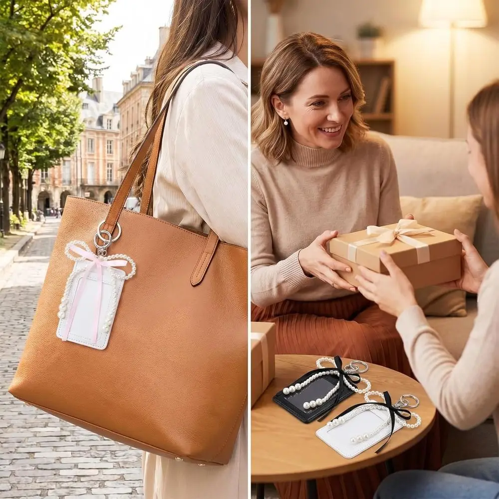 Stylish INS Style Cute Photocard Holder Decorative Protective Photos Bag Charm Pearl Bow Soft PU ID Card Case ID Card