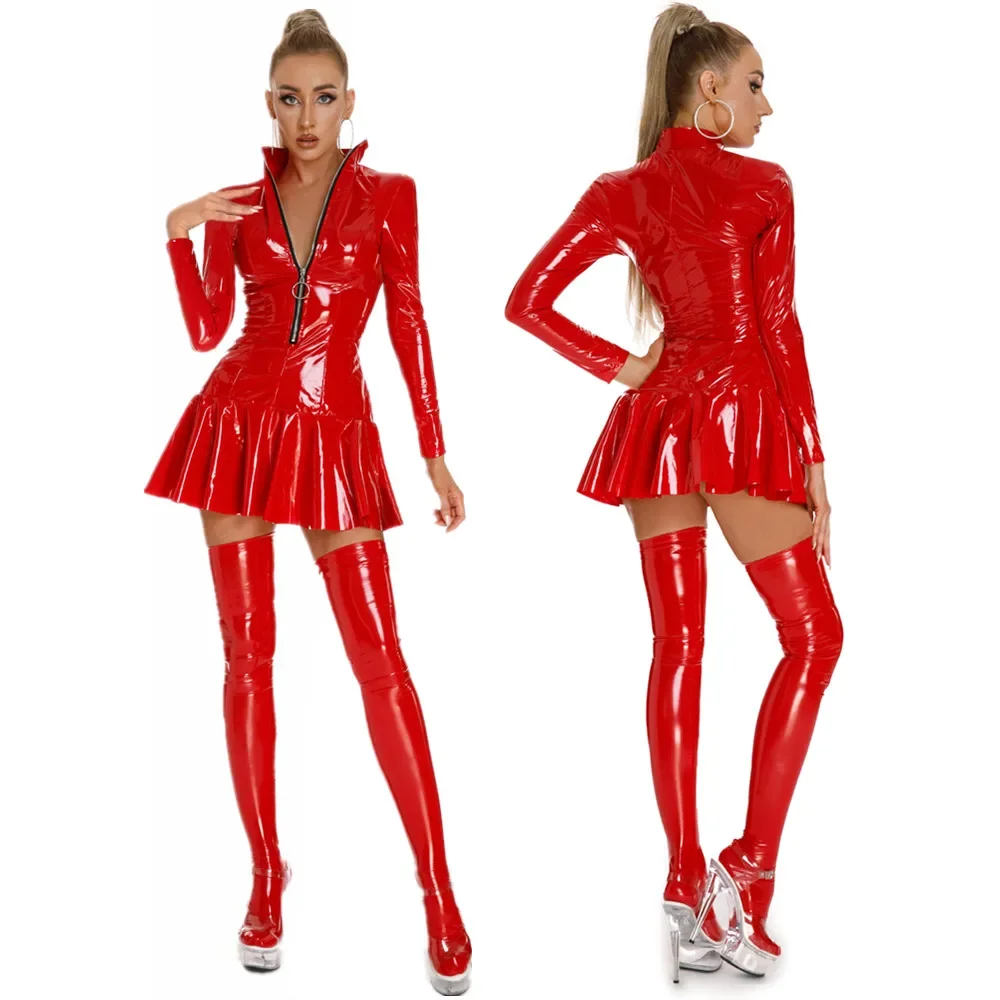 Pluse Size Women Shiny Leather Dress Long Sleeve Zipper Pvc Latex Pleated Skirt Hot Porn Breast Exposing Sexi