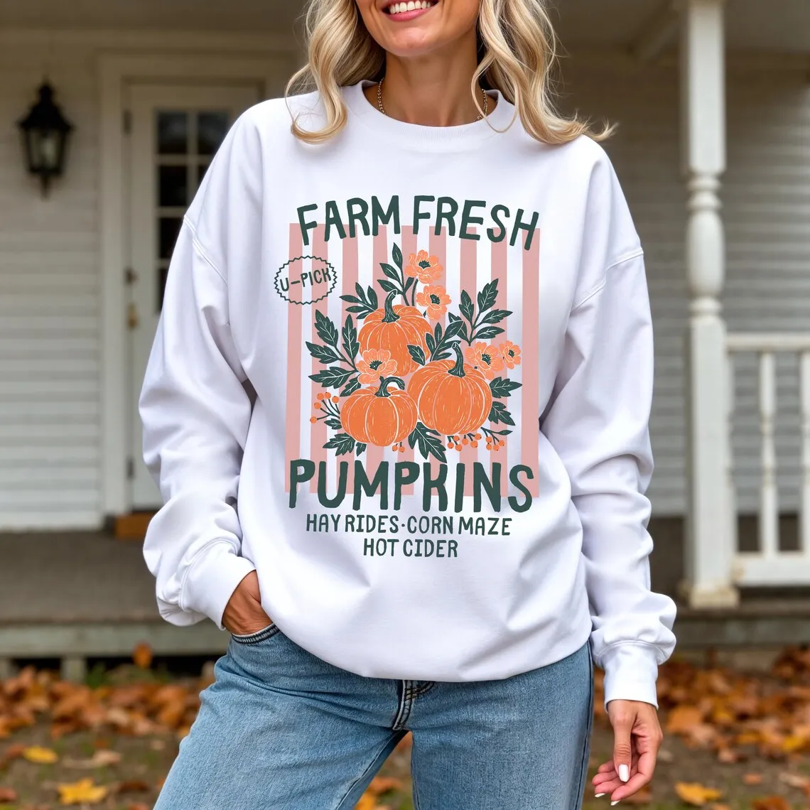 

Толстовка Farm Fresh Pumpkins в стиле ретро, осенний пуловер с круглым вырезом и нашивкой в виде тыквы