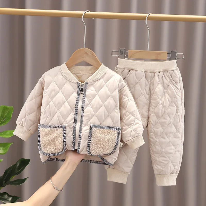 Ropa de invierno para niños y niñas, chaqueta gruesa de algodón, pantalones, 2 unids/set, chándales informales para bebés