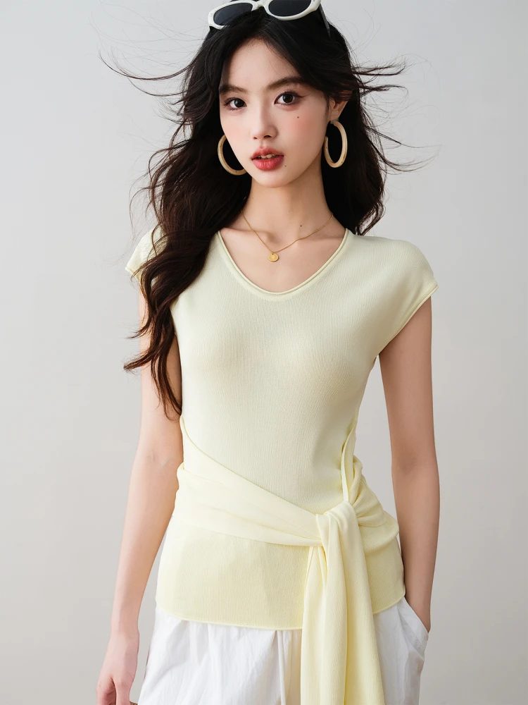 

Ronron Design Sense Belted Waist ort Sve T-irt Comfortable Simple Slimming Summer New Sle Korean Version V-Ne Top