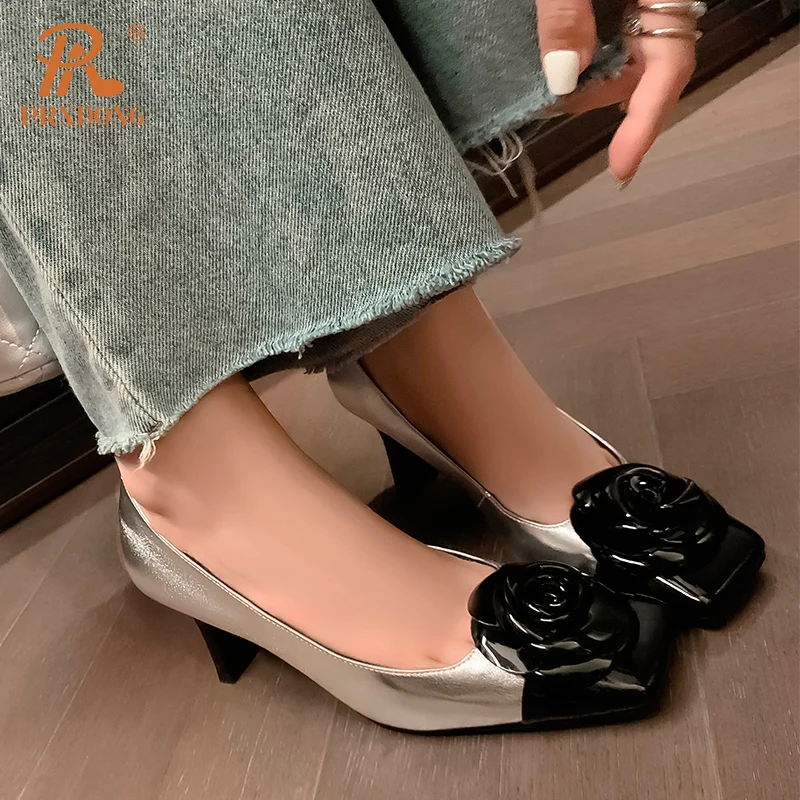 PRXDONG New Elegant Genuine Leather Spring Summer Women Pumps HIgh Heels Square Toe Black WHite Dress Party Wedding Lady Shoes