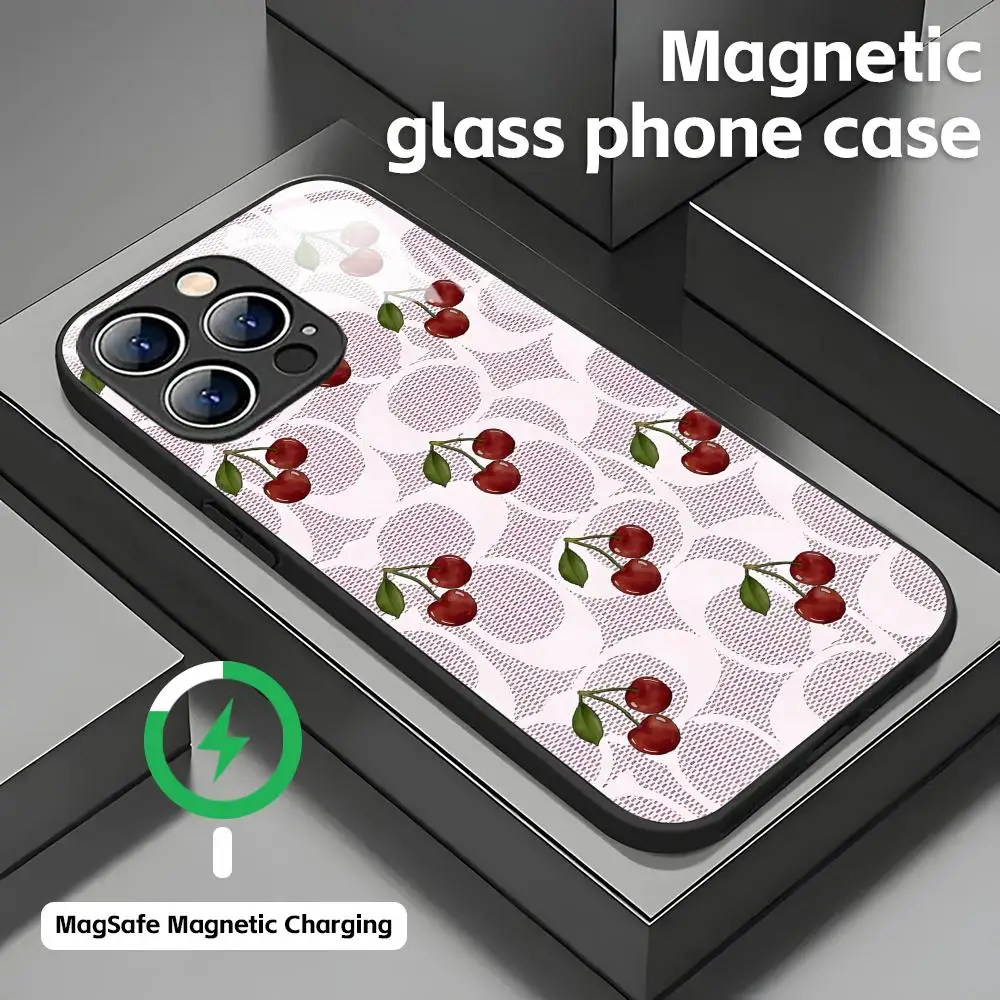 Funda de teléfono con diseño de cerezas de lujo para iPhone 18, 17, 16, 15, 14, 13, 12, 11, X, XR, XS, Plus, Mini, Pro Max, con cierre magnético y cubierta de cristal.