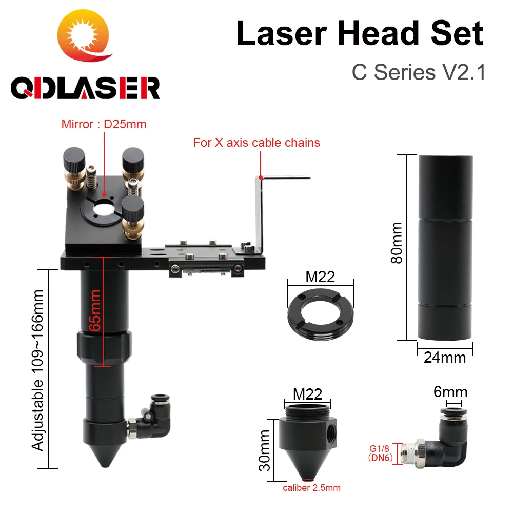 QDLASER C Series CO2 Laser Head Set Lens Integrative Mount Dia25 Mirror D18 FL38.1 D20FL50.8/63.5/101.6mm for Laser Cutting