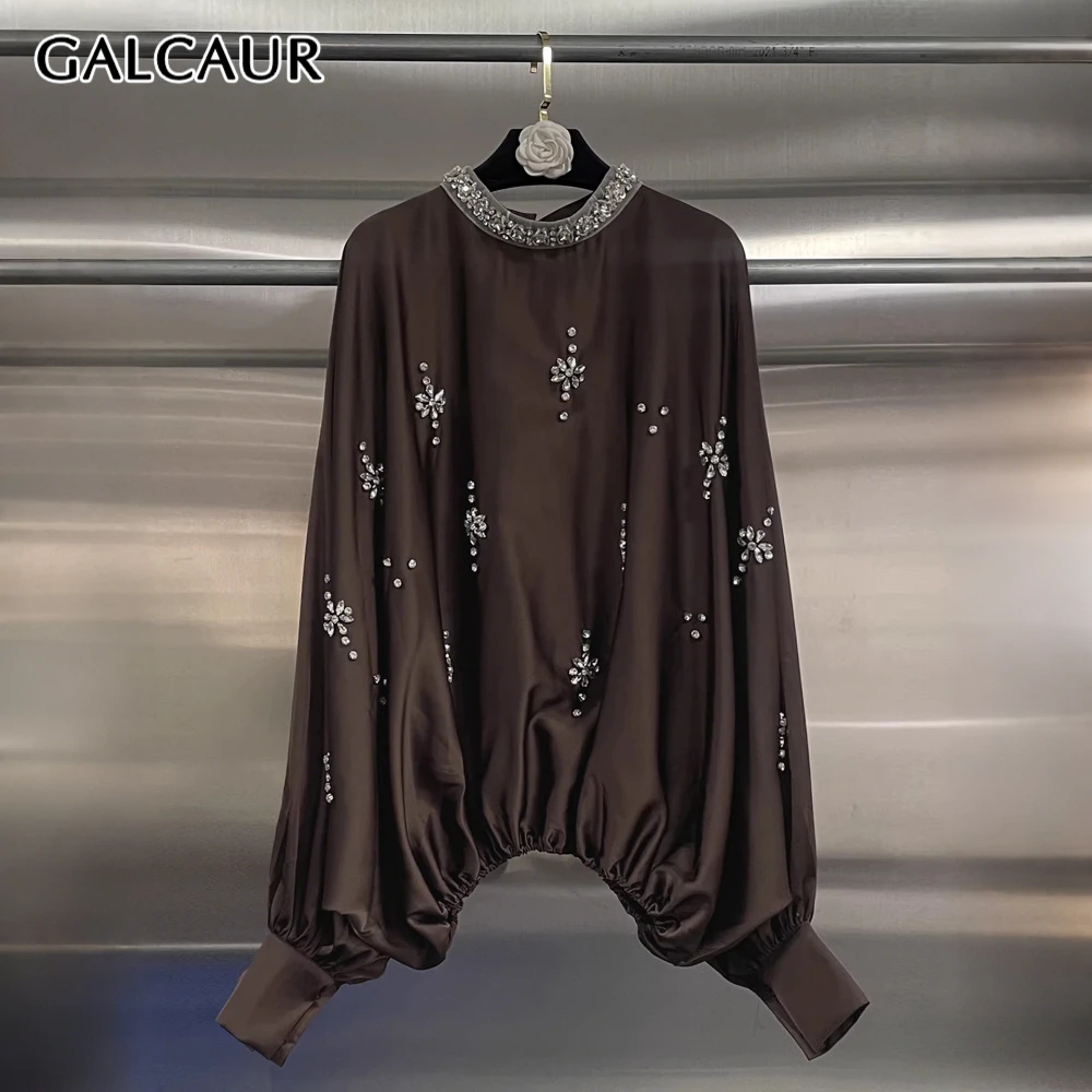 

GALCAUR Solid Spliced Diamonds Chic Shirt Female O Neck Long Sleeve Loose Literary Elegant Women's Shirts Autumn Fashion Style