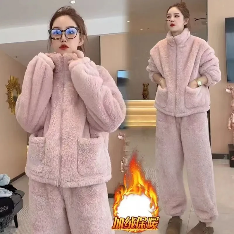 Fleece Dikke Warme Dames Pyjama Set Winter Nachtkleding Casual Rits Koraal Flanellen Jas En Broek Pyjama Set Vrouwelijke Thuis pak