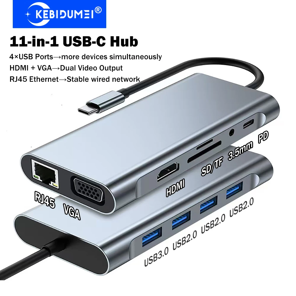 KEBIDUMEI 11-in-1 USB C Hub HDMI VGA Dual Video Output 4xUSB Ports Hub USB C Docking Station USB Splitter For PC Laptop Macbook