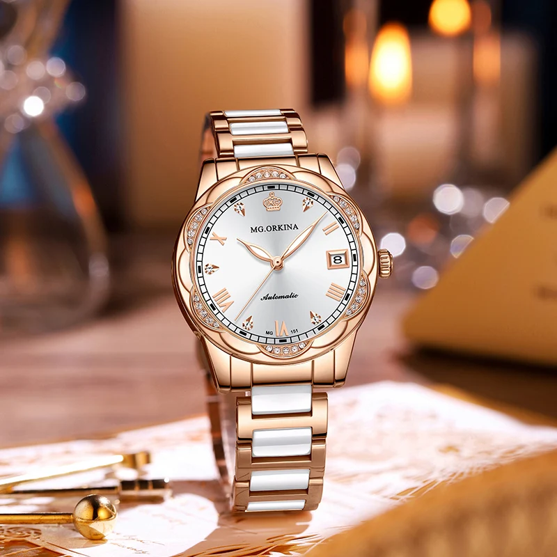 Montre de luxe pour femmes bracelet en céramique montre-bracelet mécanique étanche calendrier dames robe mode montre automatique Reloj Mujer