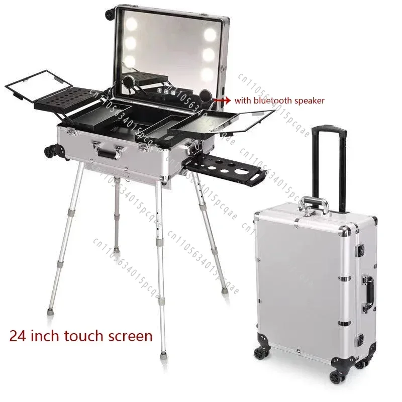 Foldable Cosmetic Organizer Suitcase with Wheels Portable Makeup Vanity Trolley with LED Light Mirror