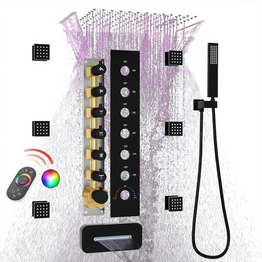 Luxury Contemporary Chrome Thermostatic LED Wall Mount Faucet Single-Handle Bathroom Shower Set Polished Brass Ceramic Valve