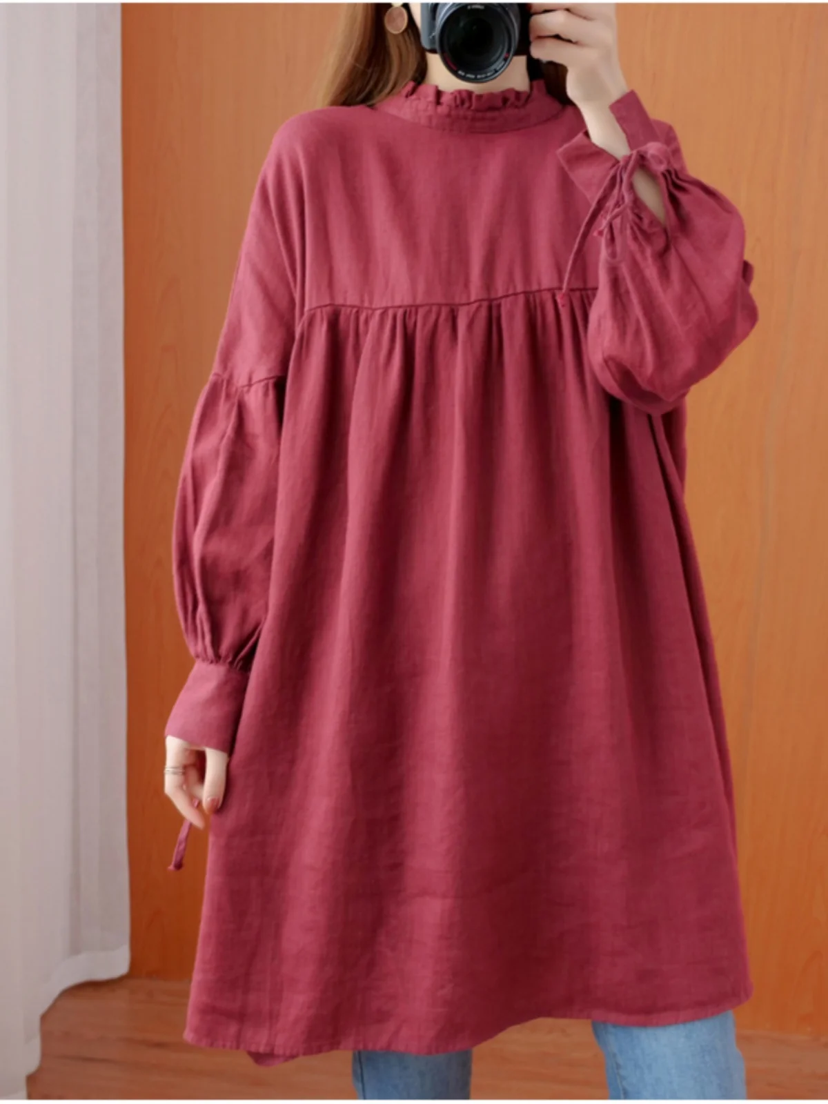 

Loose Cotton Linen irt Women's Autumn Clothes Big Size Conceal Meat Slimming Long Sve irt Folded Hemline Commute Sle