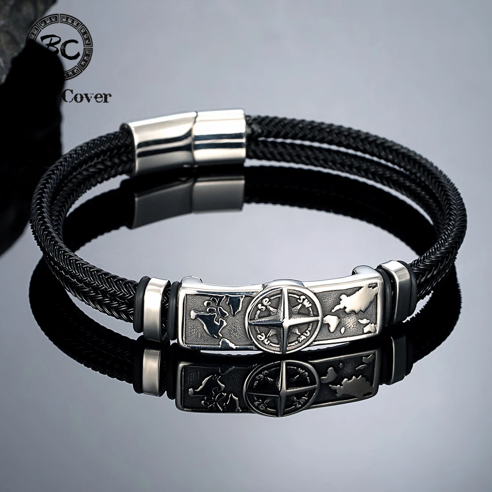 Kompass-Weltkarten-Drahtseil-Armbänder für Männer, lichtbeständig, wasserdicht, nordisches Edelstahl-Armband, Wikinger-Amulett, Herrenschmuck
