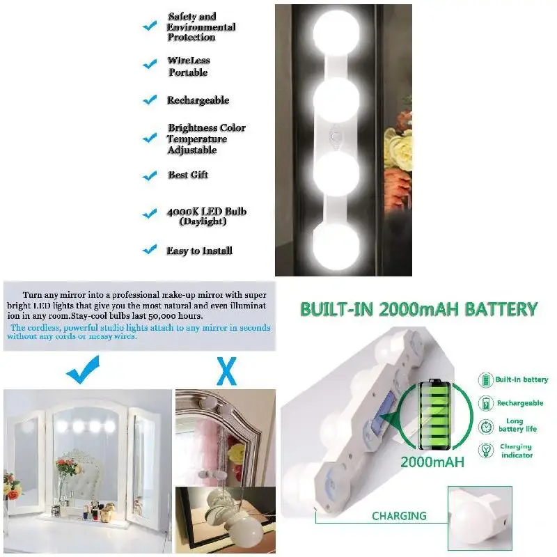 ไฟแต่งหน้าแบบพกพาไร้สายสว่างมากพร้อมหลอดไฟ LED กระจกเงาโต๊ะเครื่องแป้ง4หลอด