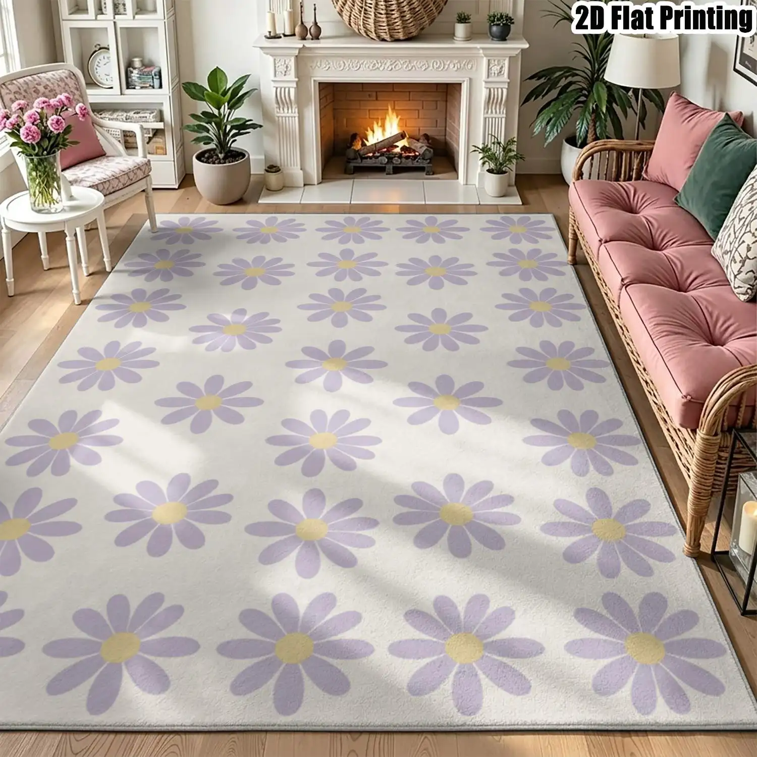1Pc 2D Printed Light Purple Daisy Pattern Instagram-Style Minimalist Carpet, Multi-Size, Machine Washable, Suitable for Entrance, Dining, Bedroom, Study, Living Room