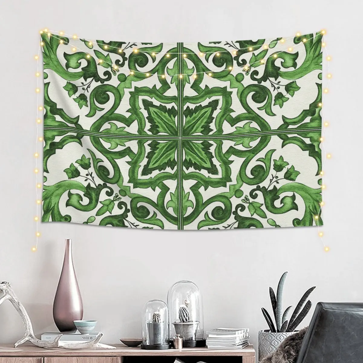 Green Ornate Floral Mediterranean Sicilian Tile Tapestry Funny Wall Hanging Aesthetic Home Decoration Tapestries for Dorm Room