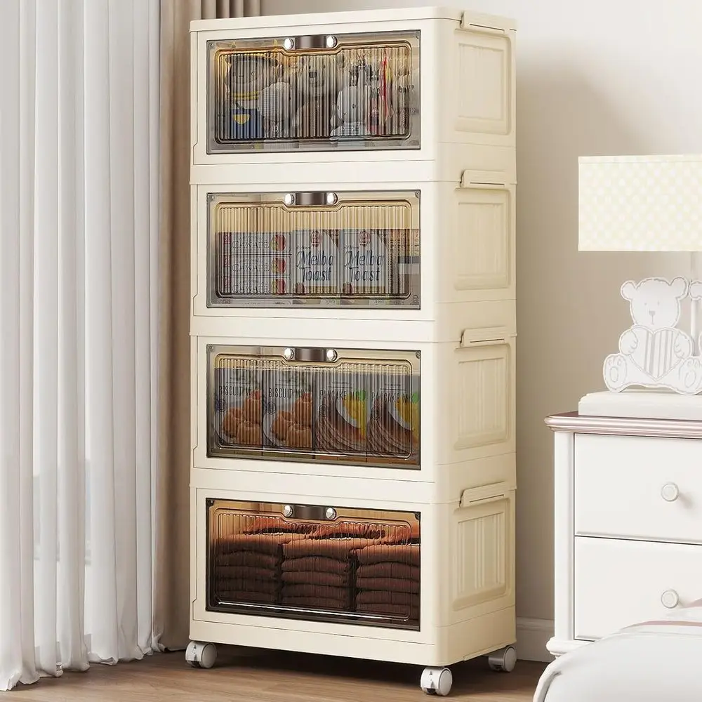 

4 Tier - 48QT Storage Bins with Lids, Collapsible Storage Bins with Doand Wheels, Plastic Storage Cabinet or Easy Storage and Or