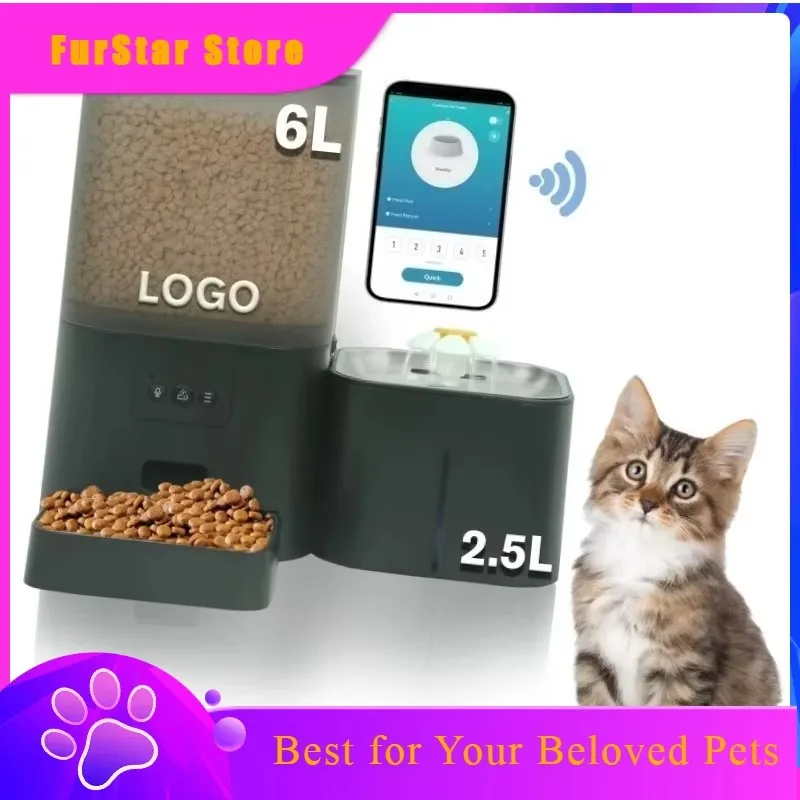 FurStarLarge Capacity Smart Automatic Pet Feeders With App Control 6L Pet Food Bowl 2.5L Water Smart Pet Feeder 2 In 1